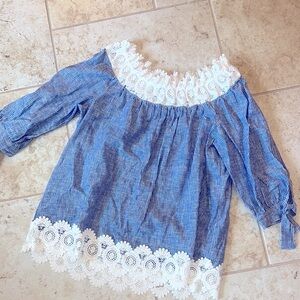 Blue and White Off-Shoulder Blouse with Lace Trim